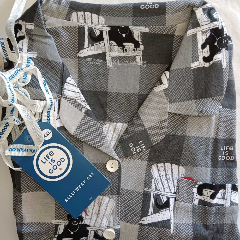 Life Is Good Gray Plaid Shirt with Black and White Dog Design
